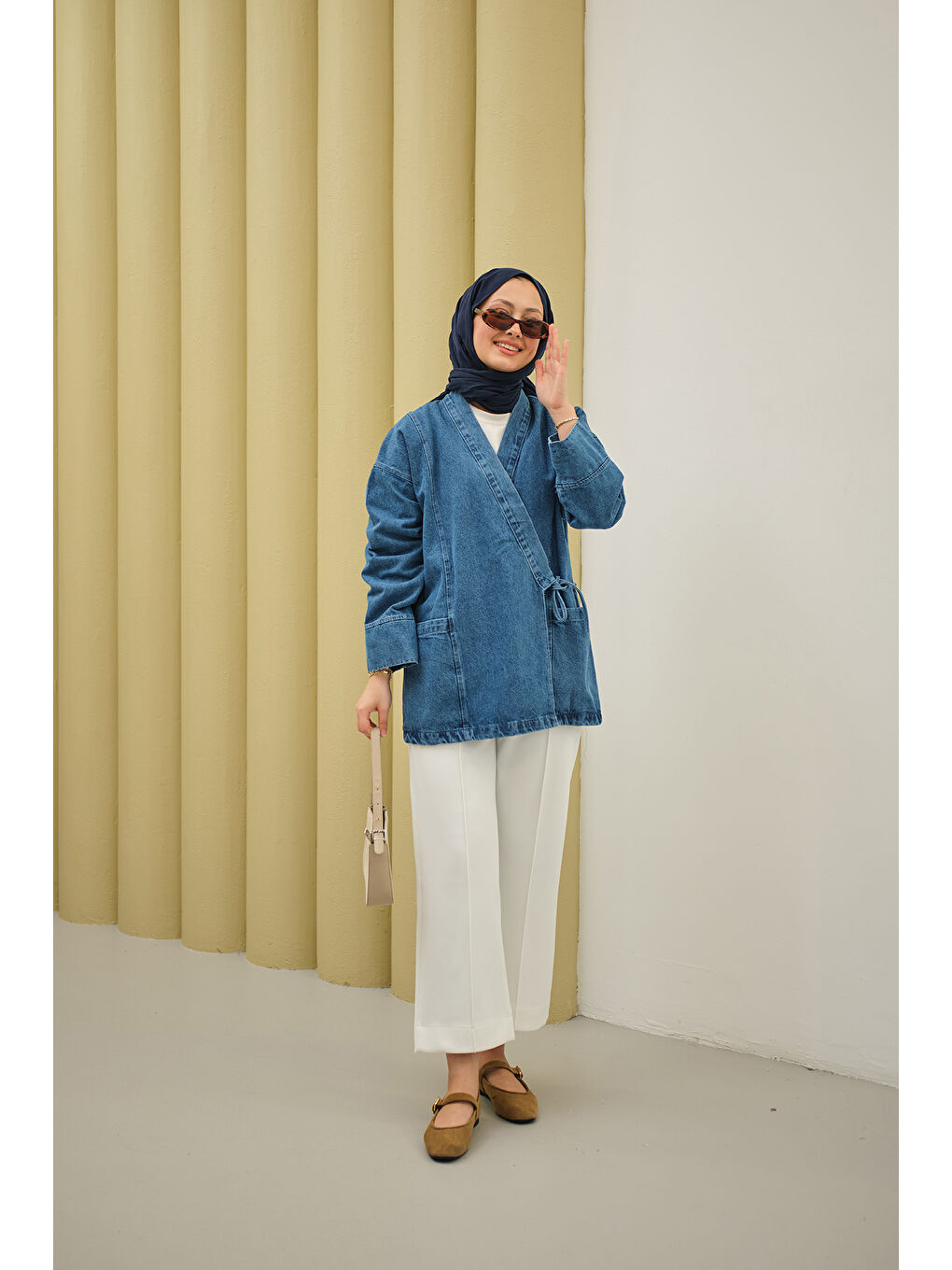 Kadın Yandan Bağlamalı Jean Kimono Buz Mavi-1