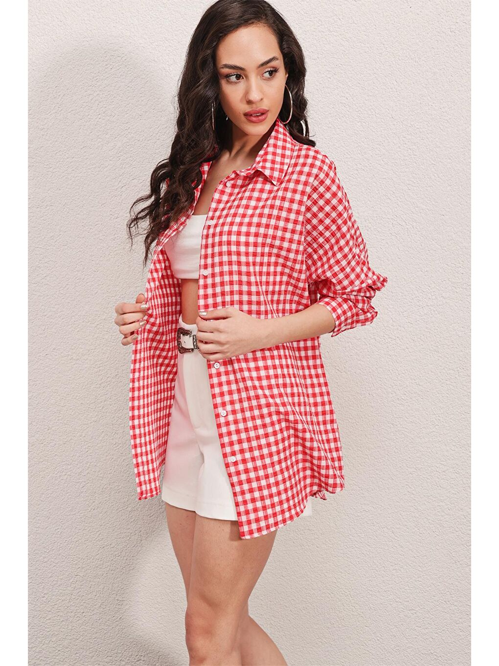 3900 Oversize Kareli Gömlek - Y.Kırmızı-1