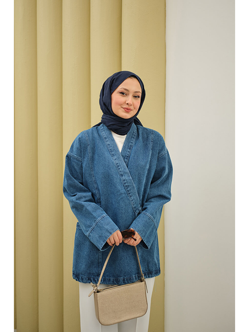 Kadın Yandan Bağlamalı Jean Kimono Buz Mavi-4