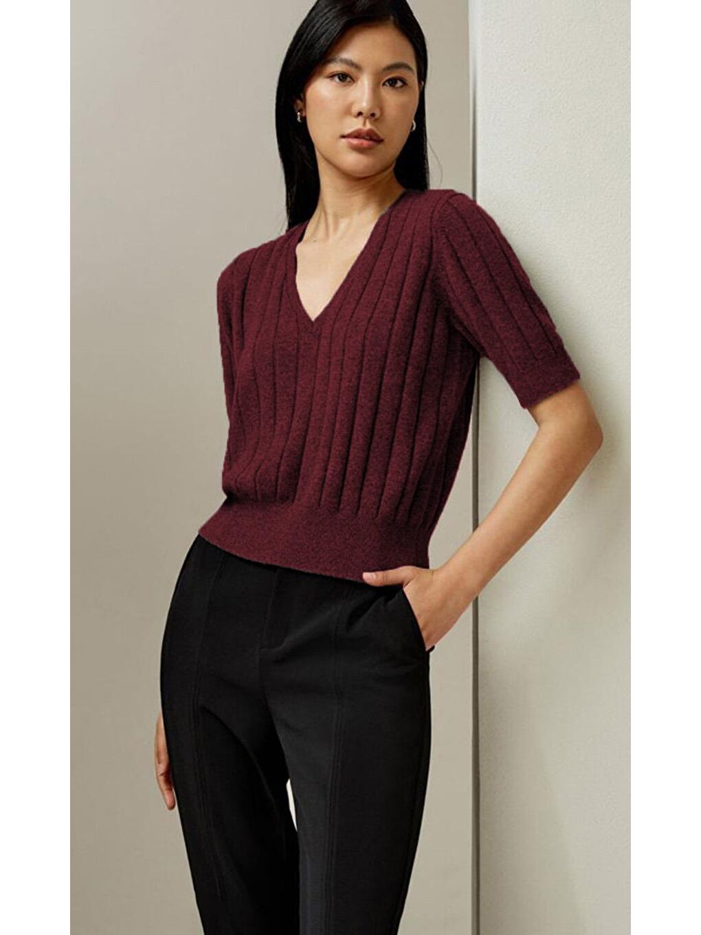 Bordo V Yaka Örgülü Kadın Triko Tişört Mg2369-5