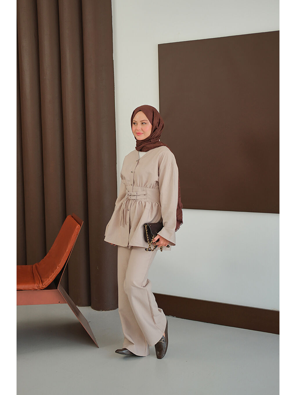 Ekru Kadın Kemer Detay İkili Takım Krem-1