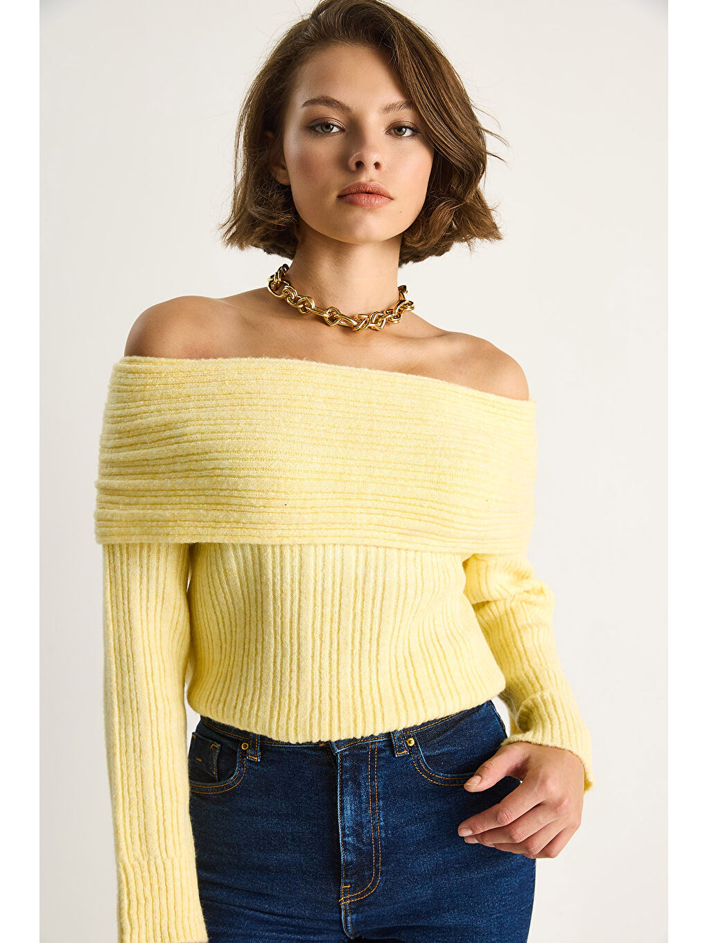 Sarı Kadın Degaje Yaka Kazak-3