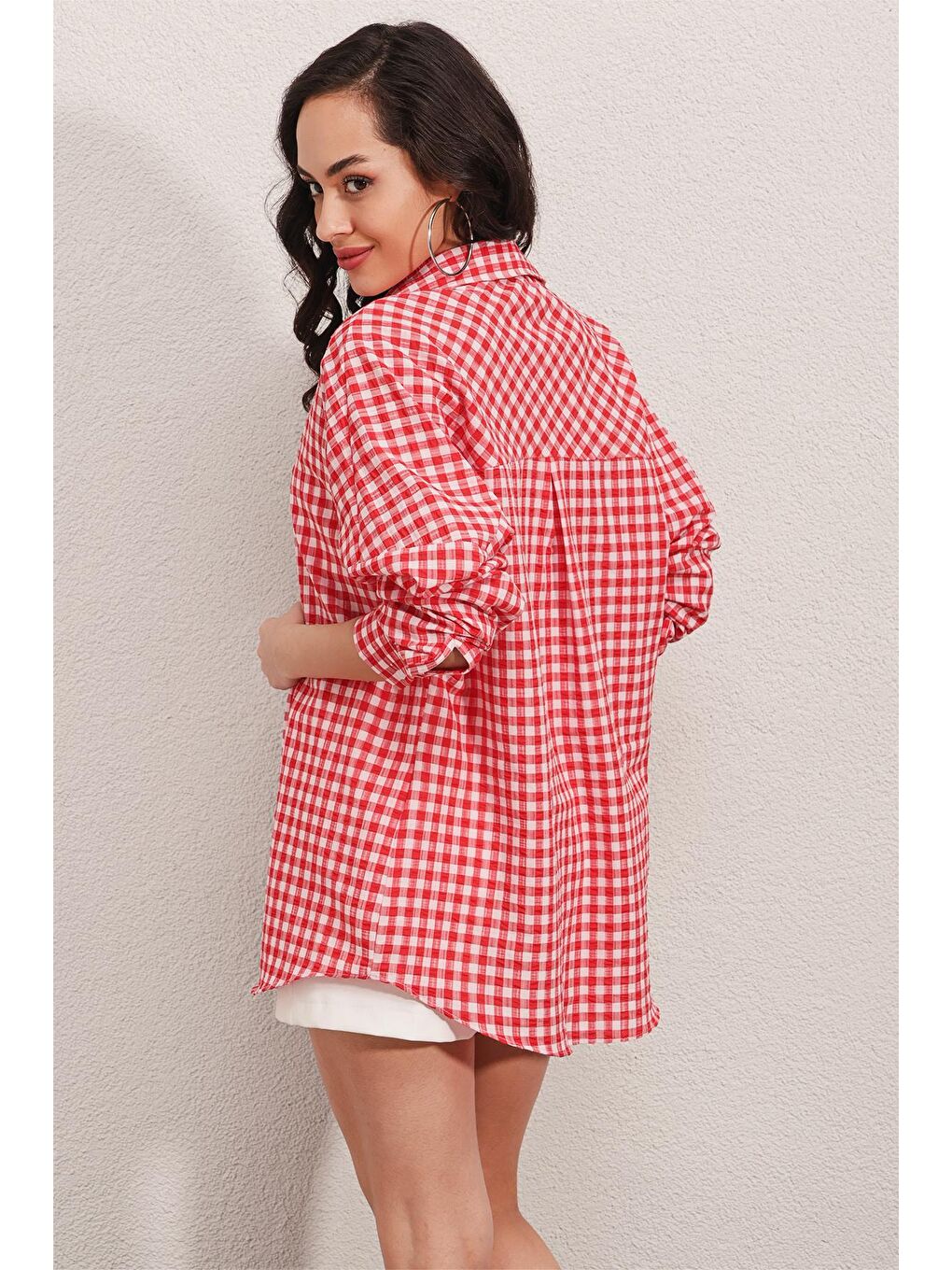 3900 Oversize Kareli Gömlek - Y.Kırmızı-3