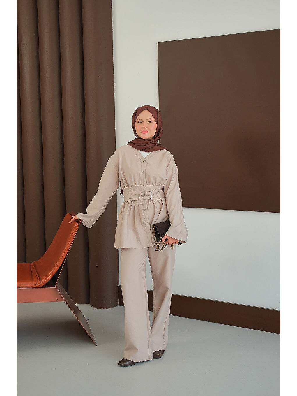 Ekru Kadın Kemer Detay İkili Takım Krem-2