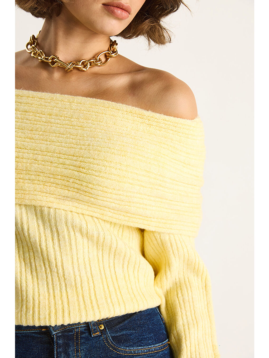 Sarı Kadın Degaje Yaka Kazak-4