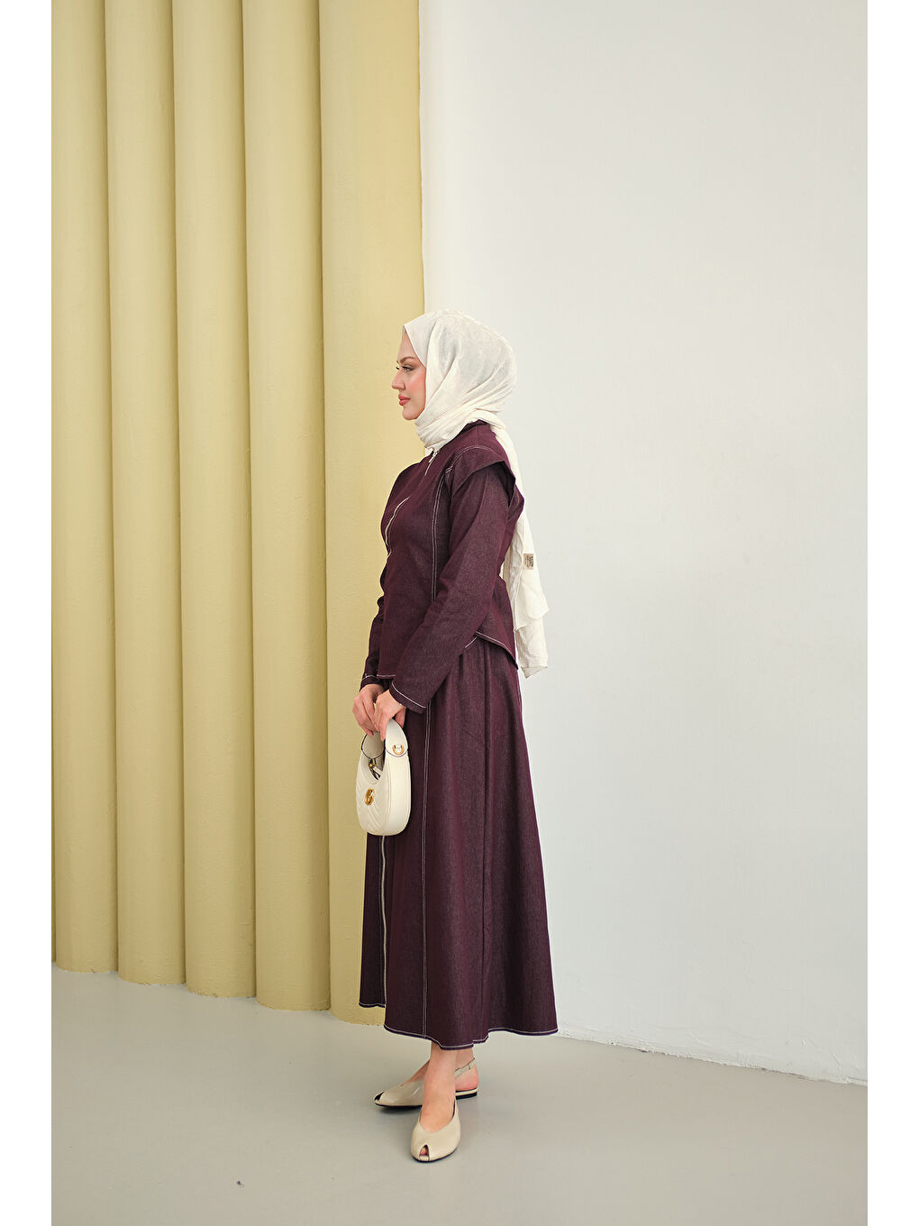 Kadın Çapraz Fermuar Detaylı Dikiş Detay Etekli Takım Mor-2