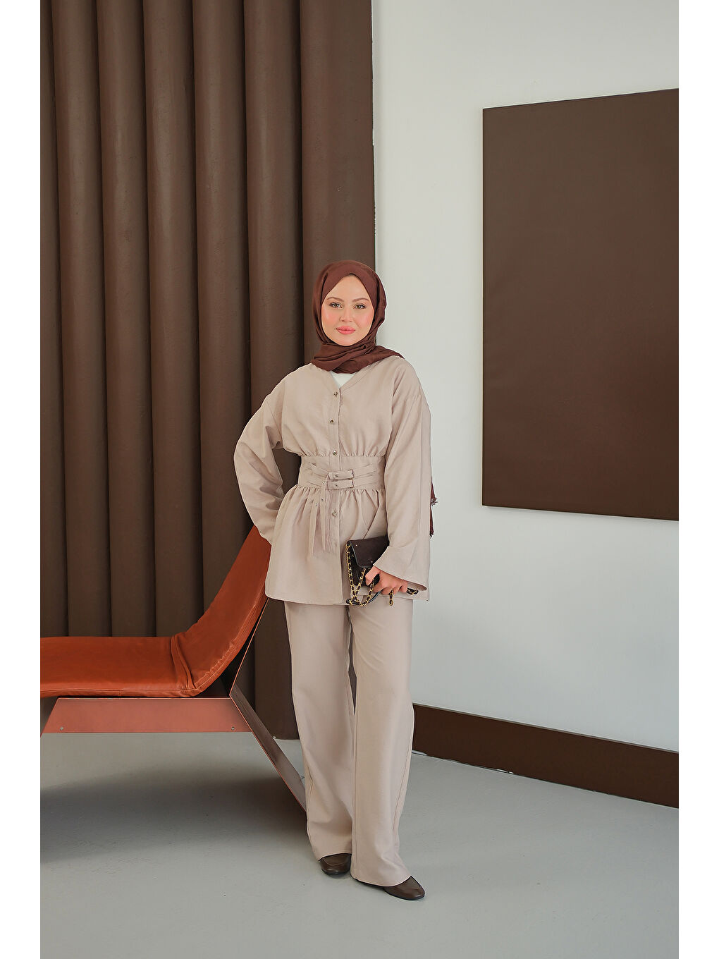 Ekru Kadın Kemer Detay İkili Takım Krem-3
