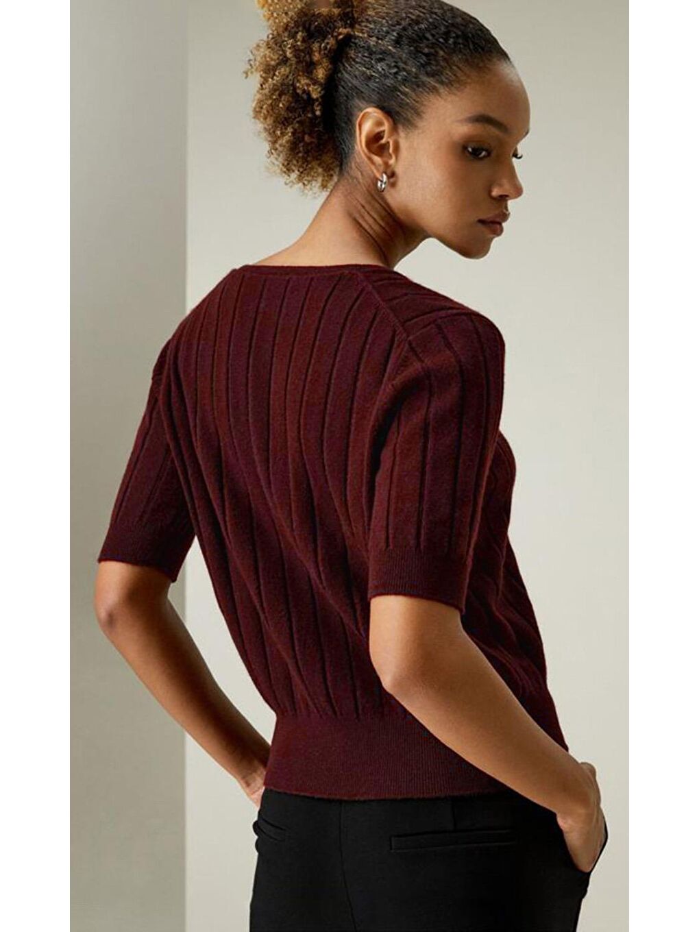 Bordo V Yaka Örgülü Kadın Triko Tişört Mg2369-6