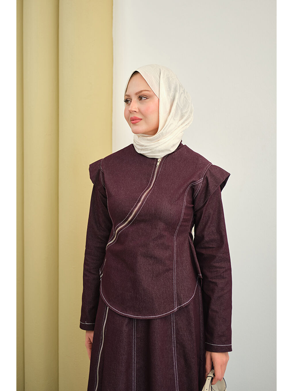 Kadın Çapraz Fermuar Detaylı Dikiş Detay Etekli Takım Mor-3