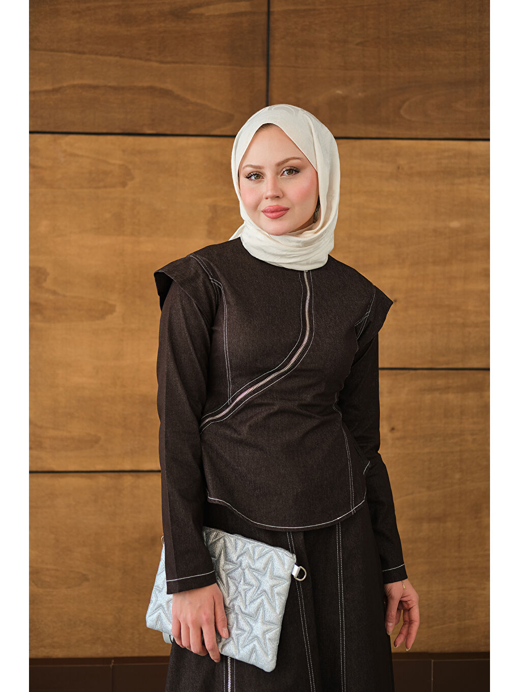 Kadın Çapraz Fermuar Detaylı Dikiş Detay Etekli Takım Kahverengi-1