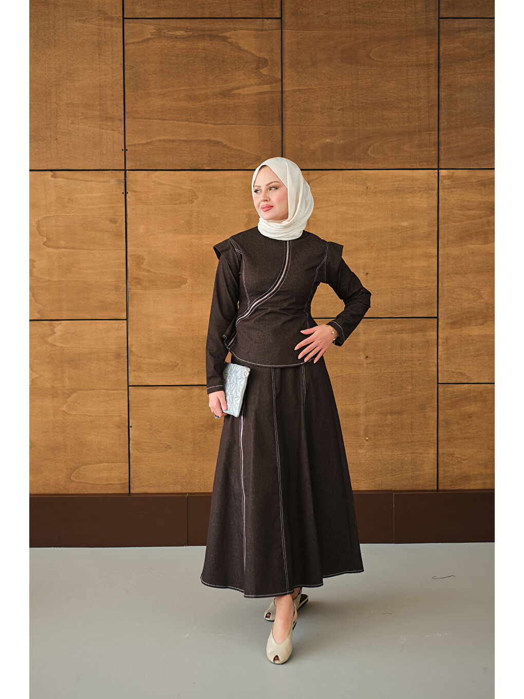 Kadın Çapraz Fermuar Detaylı Dikiş Detay Etekli Takım Kahverengi-2