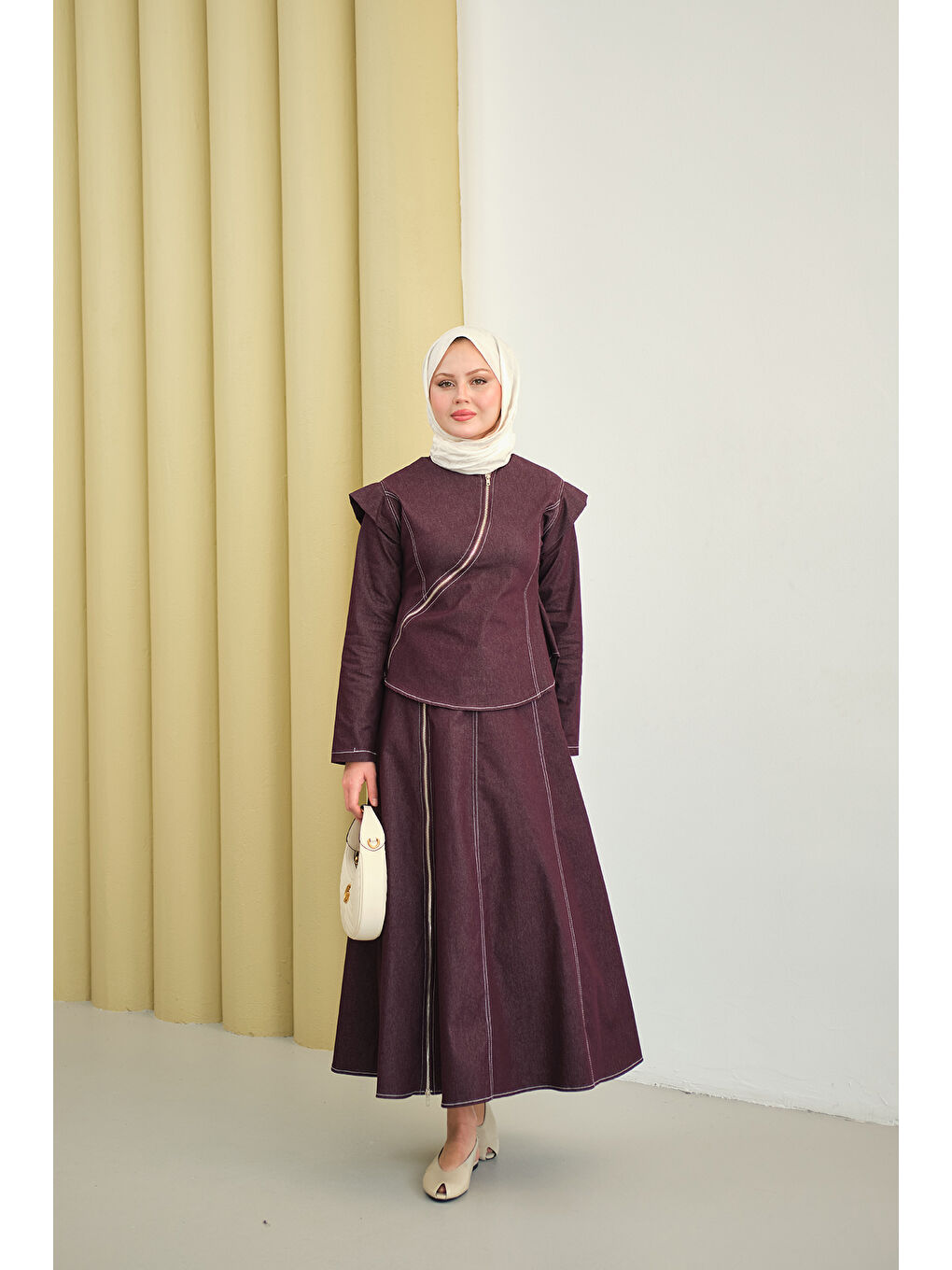 Kadın Çapraz Fermuar Detaylı Dikiş Detay Etekli Takım Mor-4