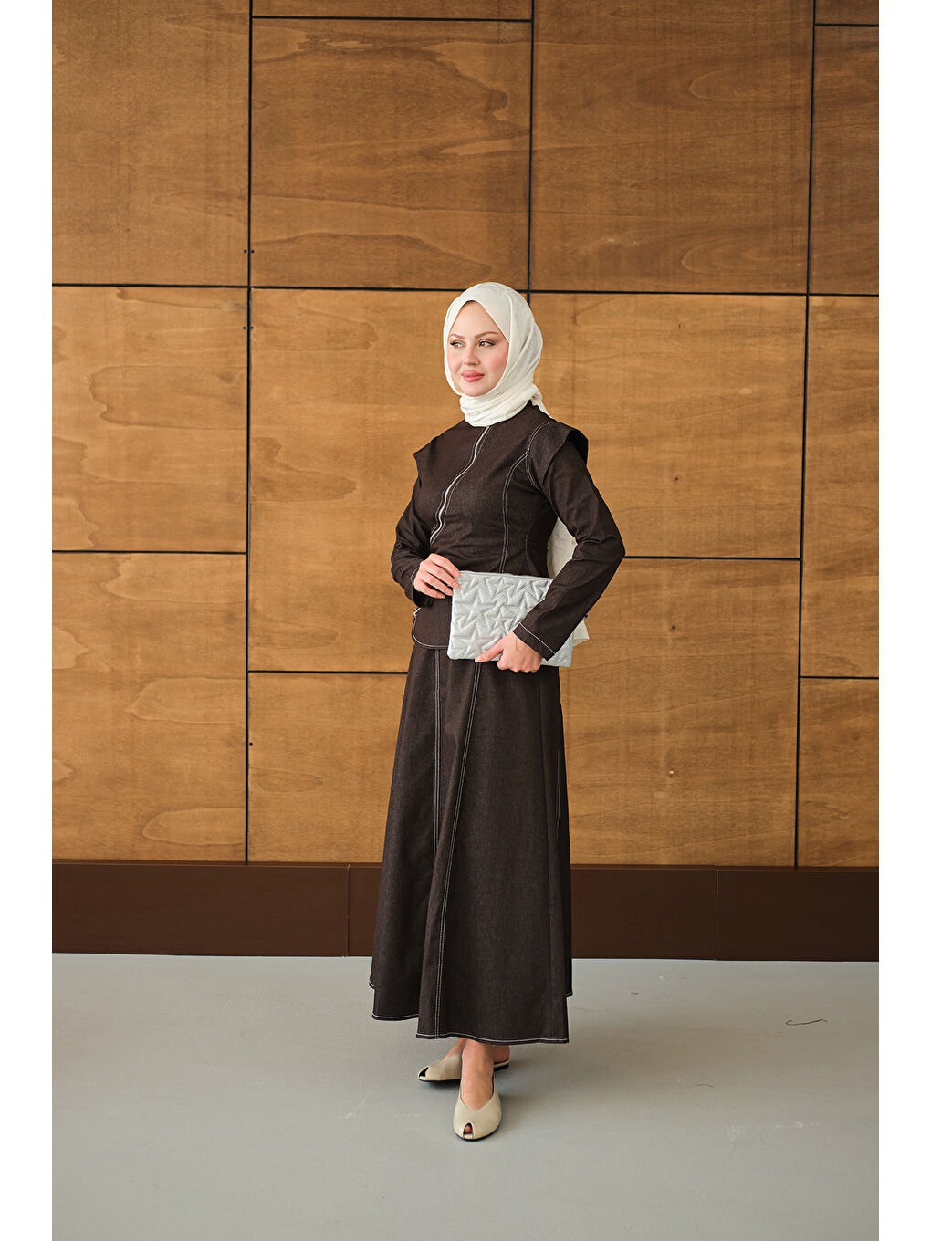 Kadın Çapraz Fermuar Detaylı Dikiş Detay Etekli Takım Kahverengi-3