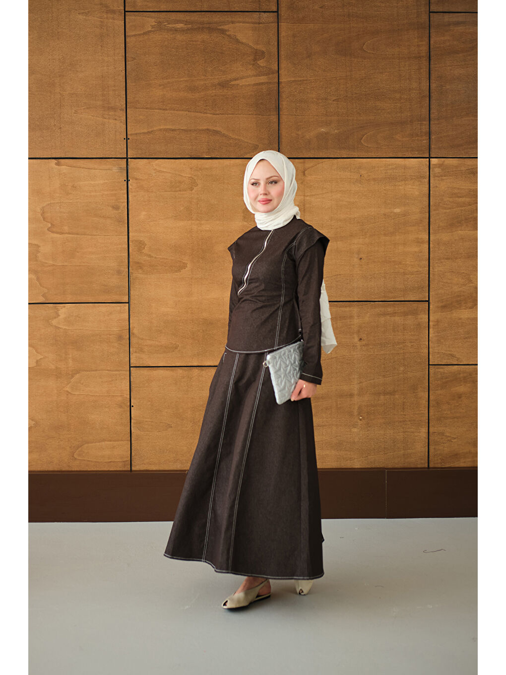 Kadın Çapraz Fermuar Detaylı Dikiş Detay Etekli Takım Kahverengi-4