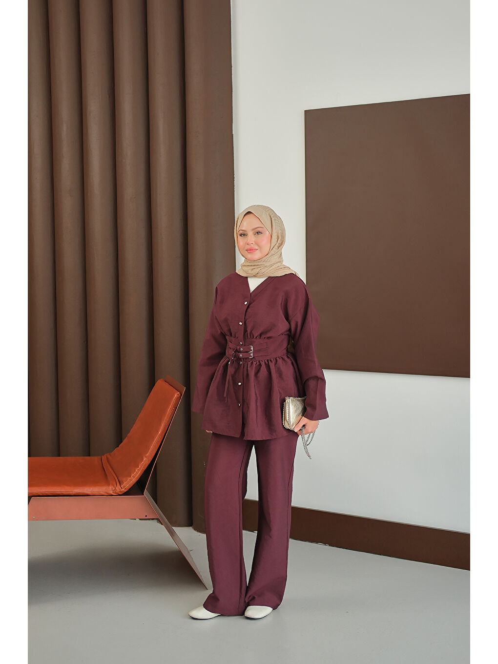 Kadın Kemer Detay İkili Takım Bordo-1