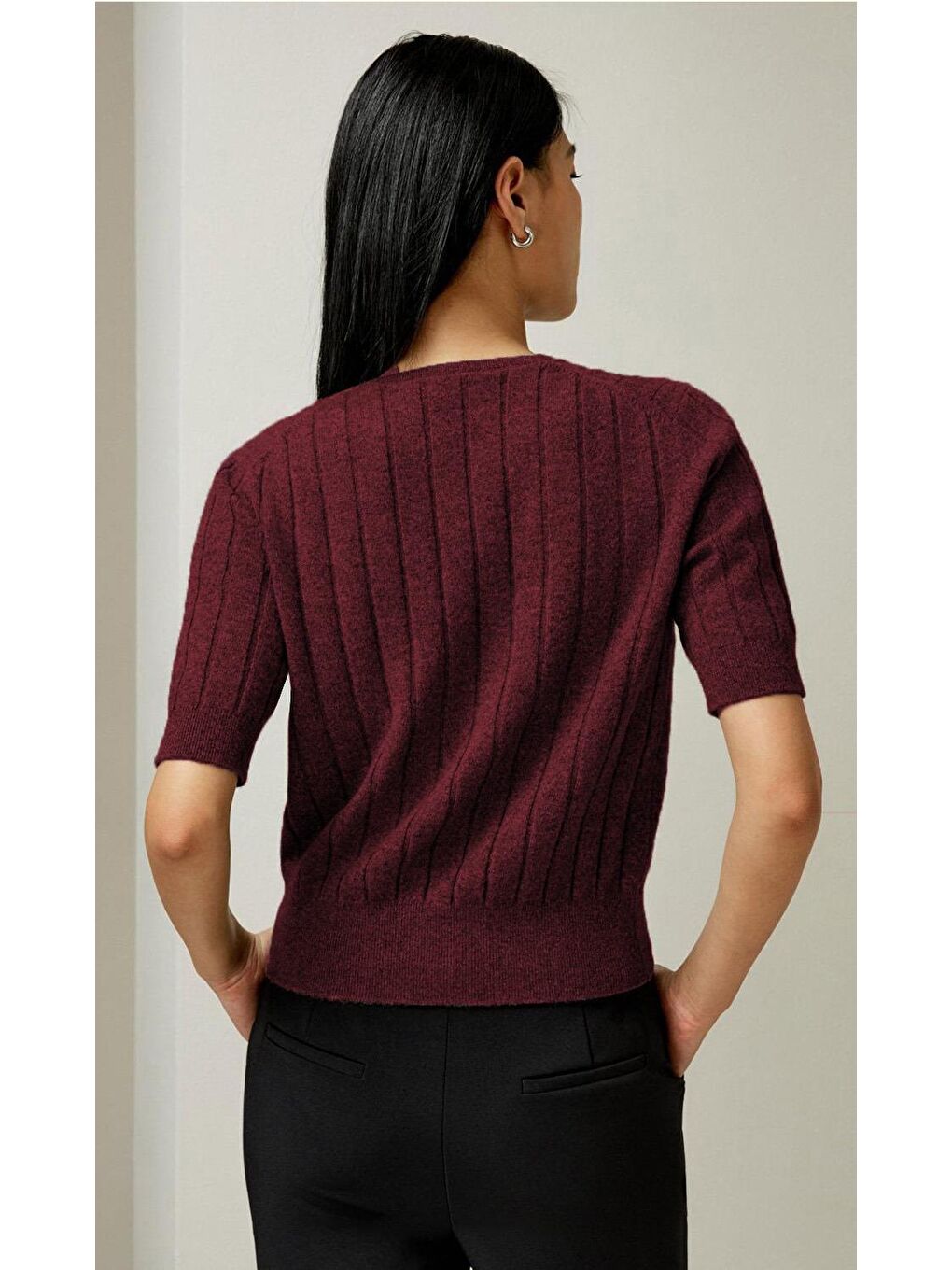 Bordo V Yaka Örgülü Kadın Triko Tişört Mg2369-7