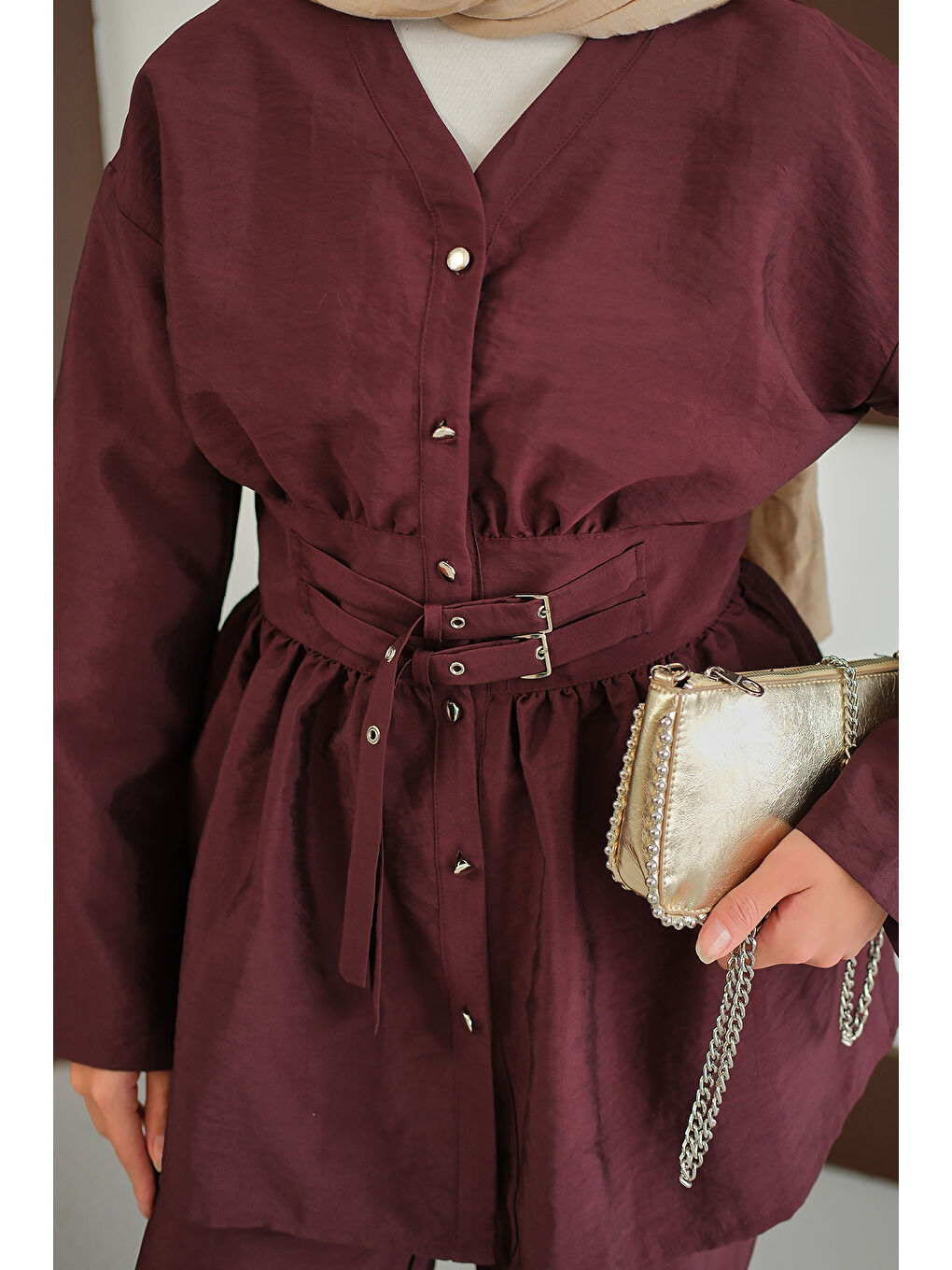 Kadın Kemer Detay İkili Takım Bordo-3