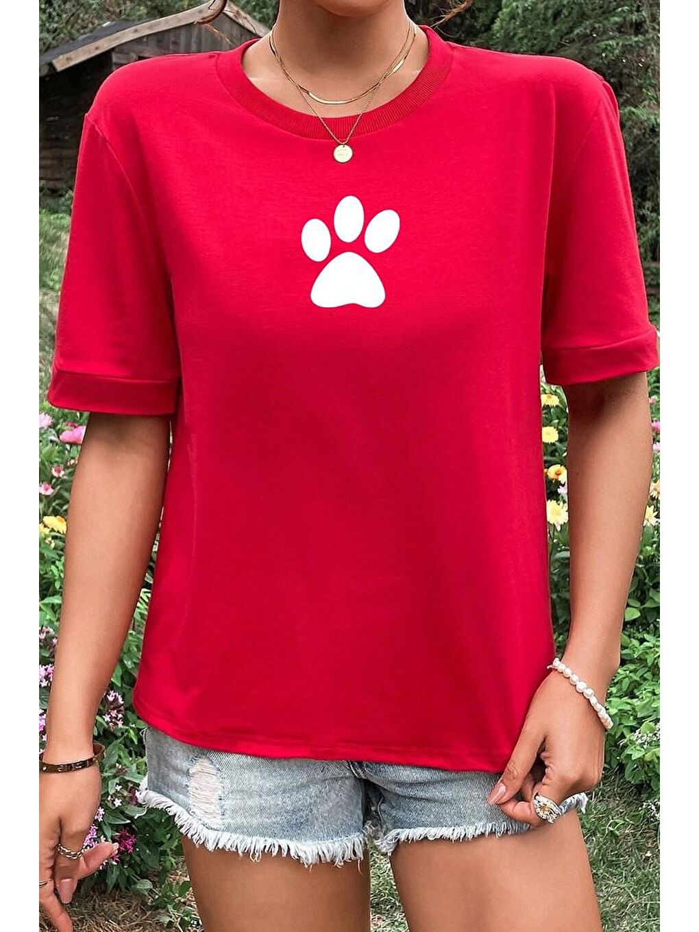 uyguntarz Kırmızı Unisex Paw Baskılı T-shirt