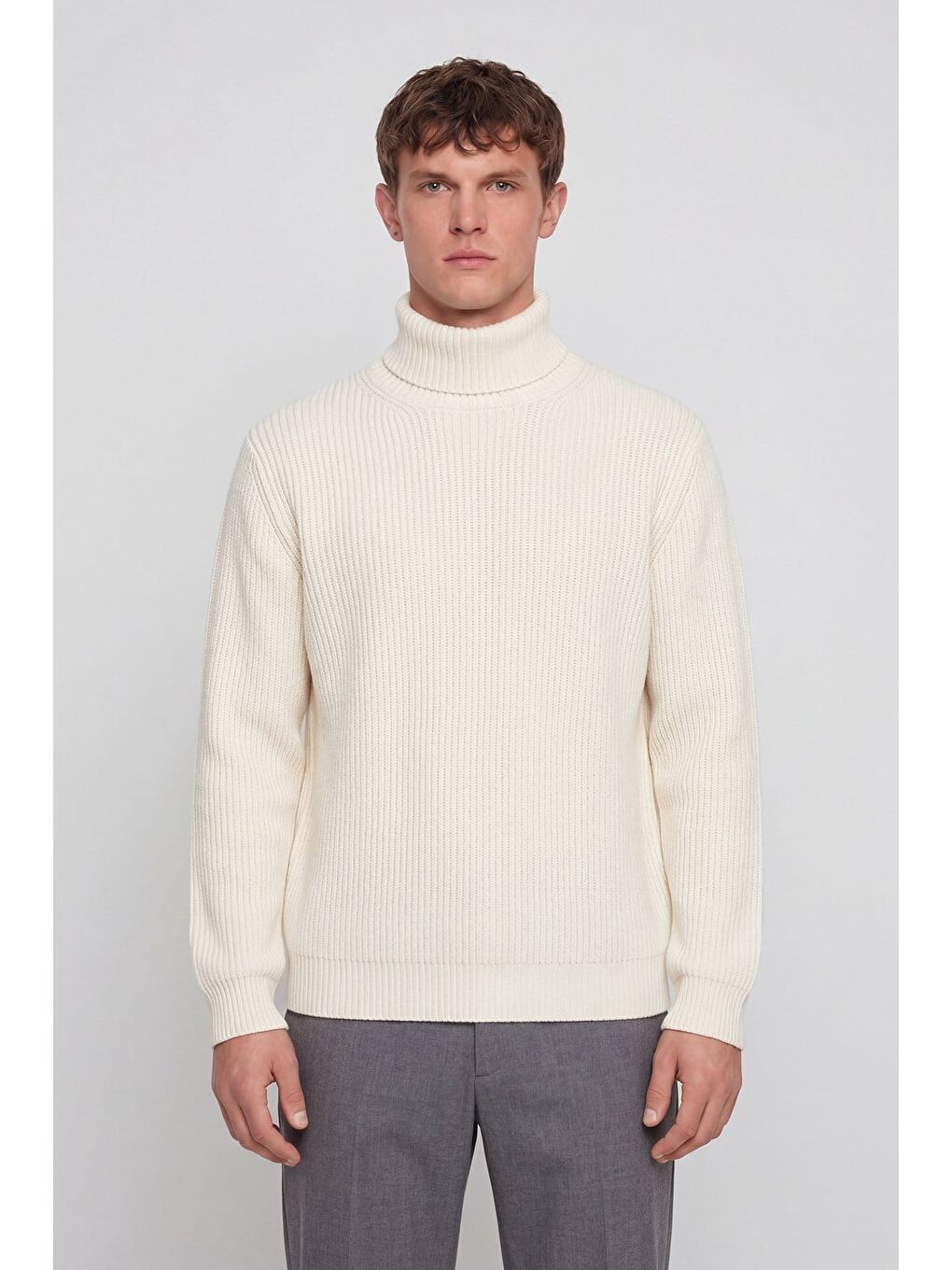 Giotelli Erkek Ekru Selanik Örgü Tam Balıkçı Yaka Regular Fit Triko Kazak