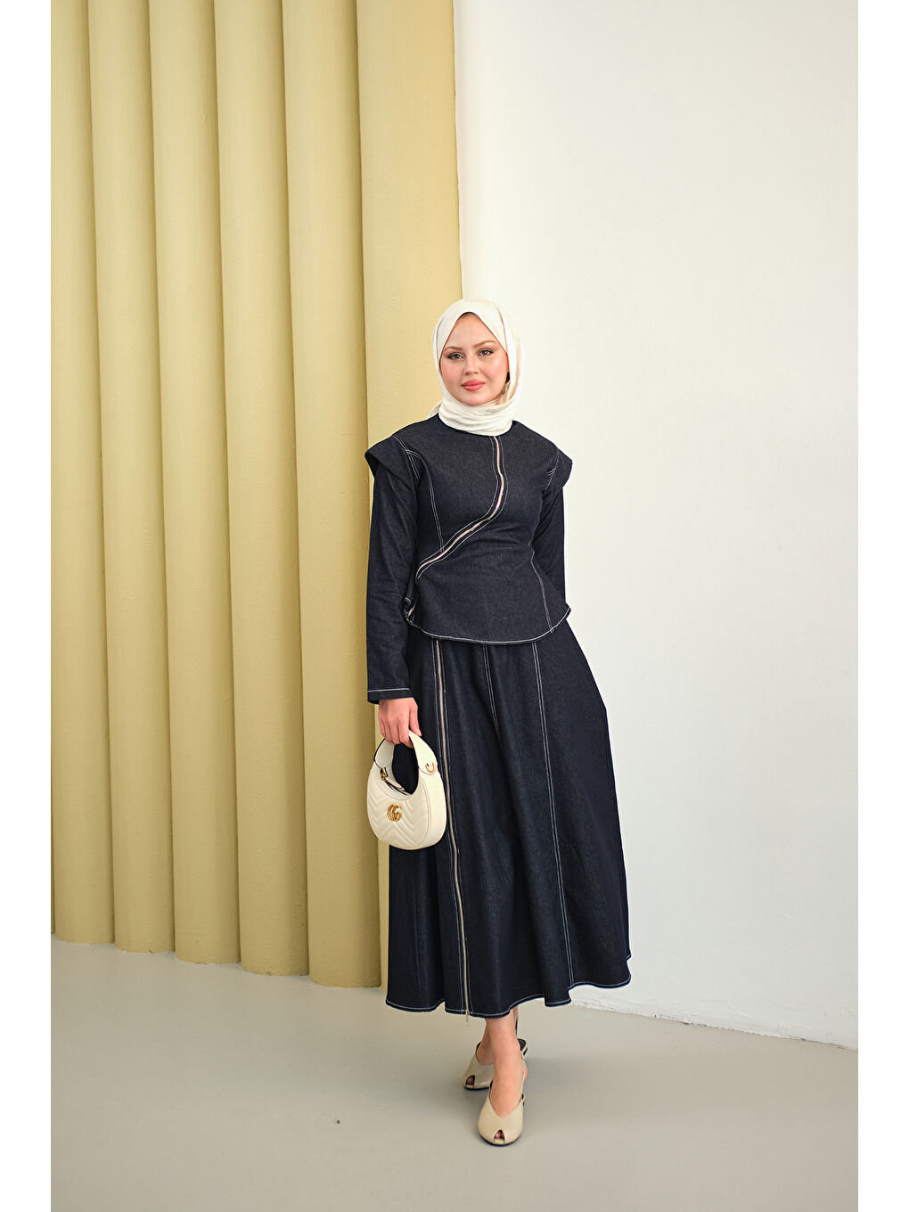 Kadın Çapraz Fermuar Detaylı Dikiş Detay Etekli Takım Lacivert-1