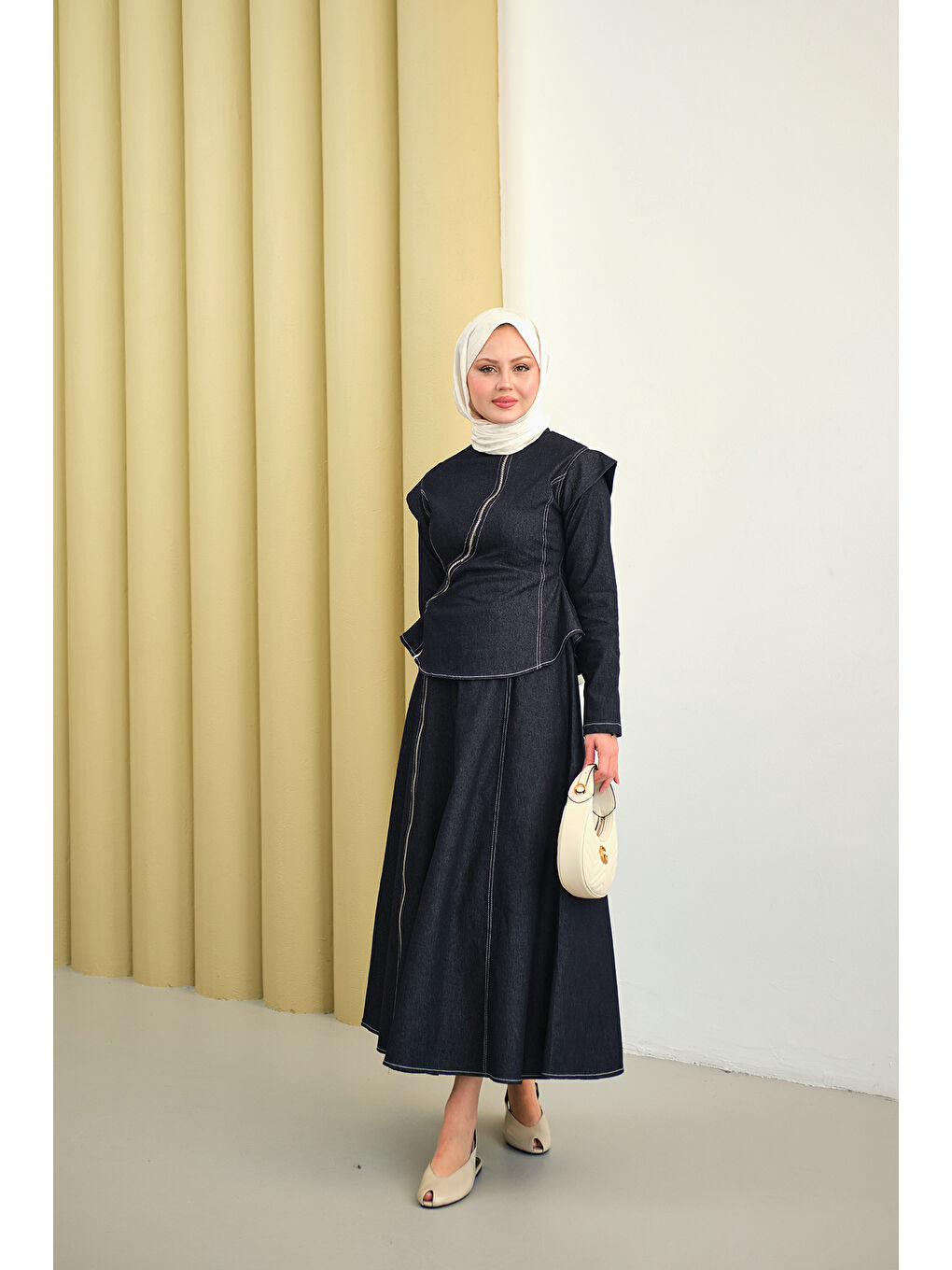 Kadın Çapraz Fermuar Detaylı Dikiş Detay Etekli Takım Lacivert-2