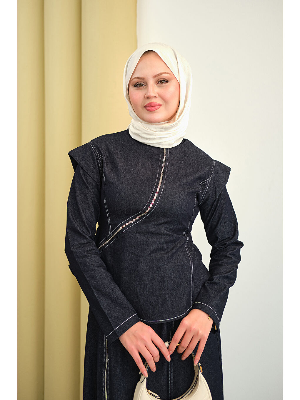 Kadın Çapraz Fermuar Detaylı Dikiş Detay Etekli Takım Lacivert-3