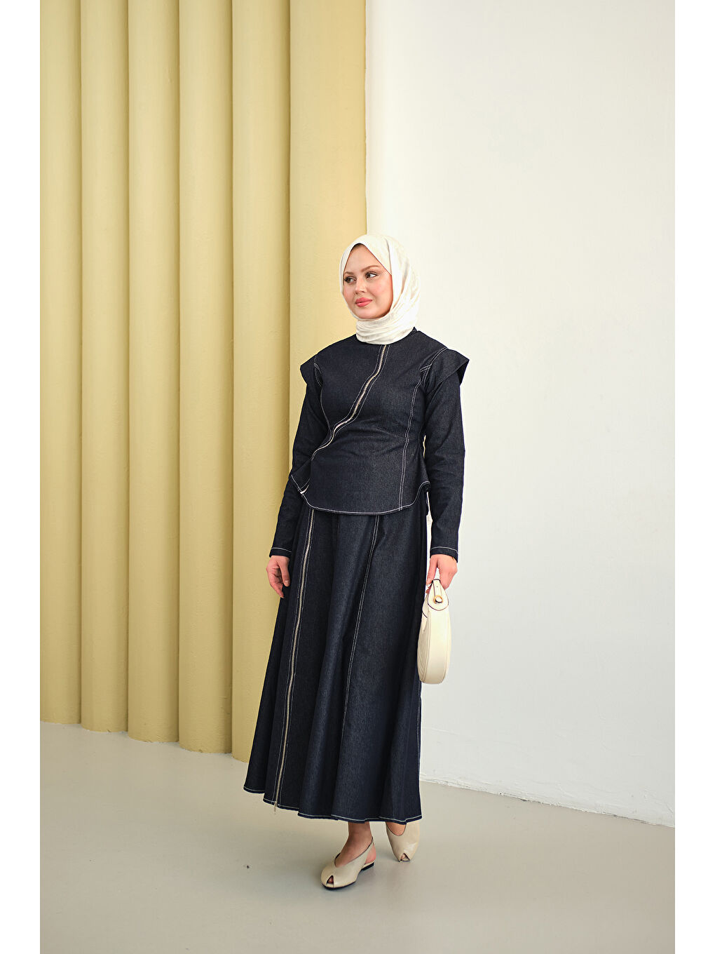 Kadın Çapraz Fermuar Detaylı Dikiş Detay Etekli Takım Lacivert-4