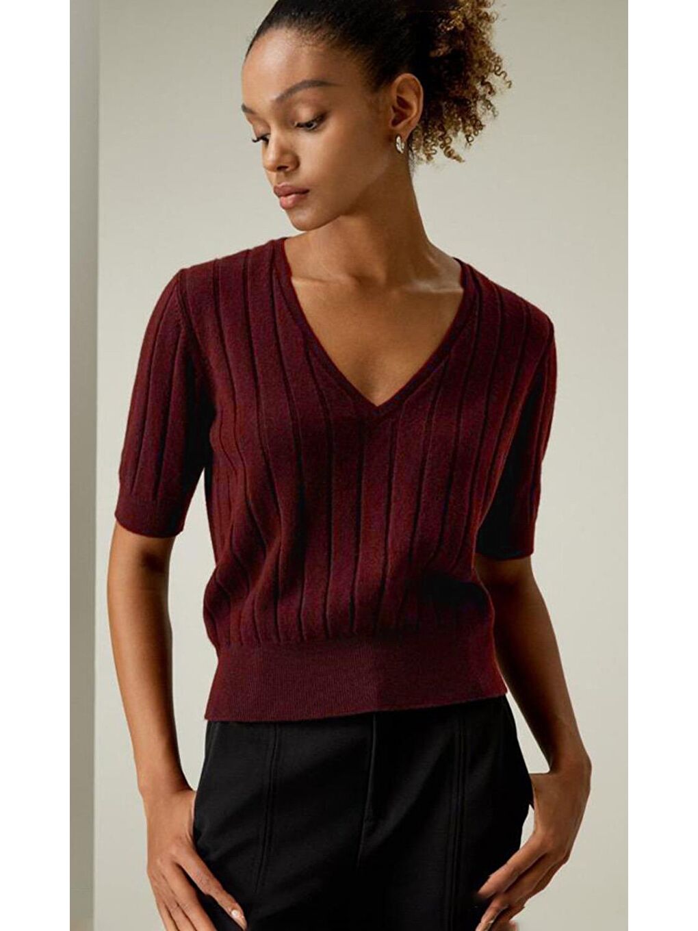 Bordo V Yaka Örgülü Kadın Triko Tişört Mg2369-8