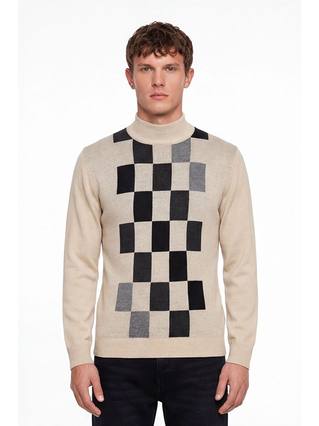Erkek Bej Normal Kesim Regular Fit Yünlü Dokuma Desenli Triko Kazak
