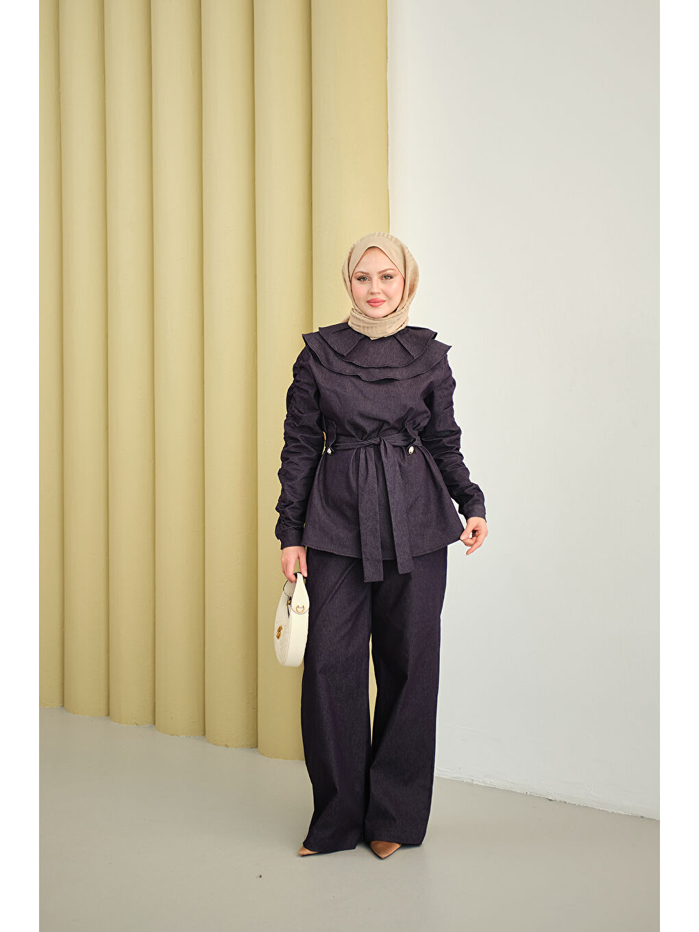 Kadın Kol Büzgülü Düğme Detay Bel Bağlamalı Takım Mor-1