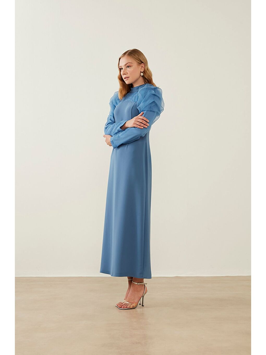 Mavi Organze Fırfırlı Saks Elbise-1