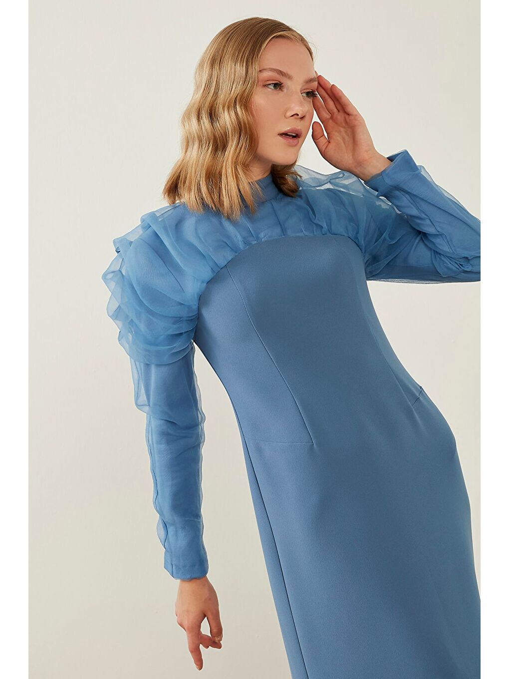 Mavi Organze Fırfırlı Saks Elbise-2