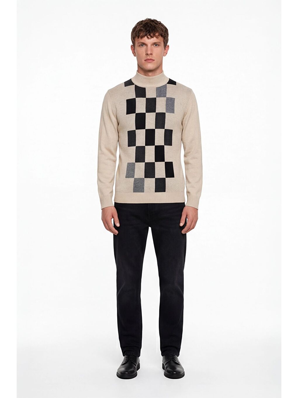 Erkek Bej Normal Kesim Regular Fit Yünlü Dokuma Desenli Triko Kazak-1