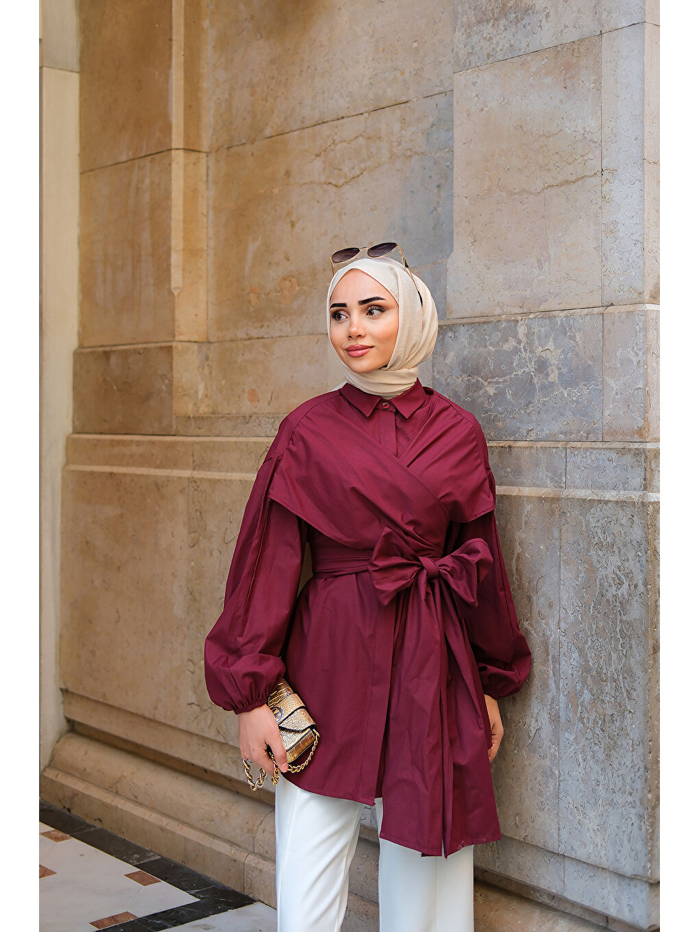 Kadın Omuz Bağlamalı Poplin Gömlek Bordo-1