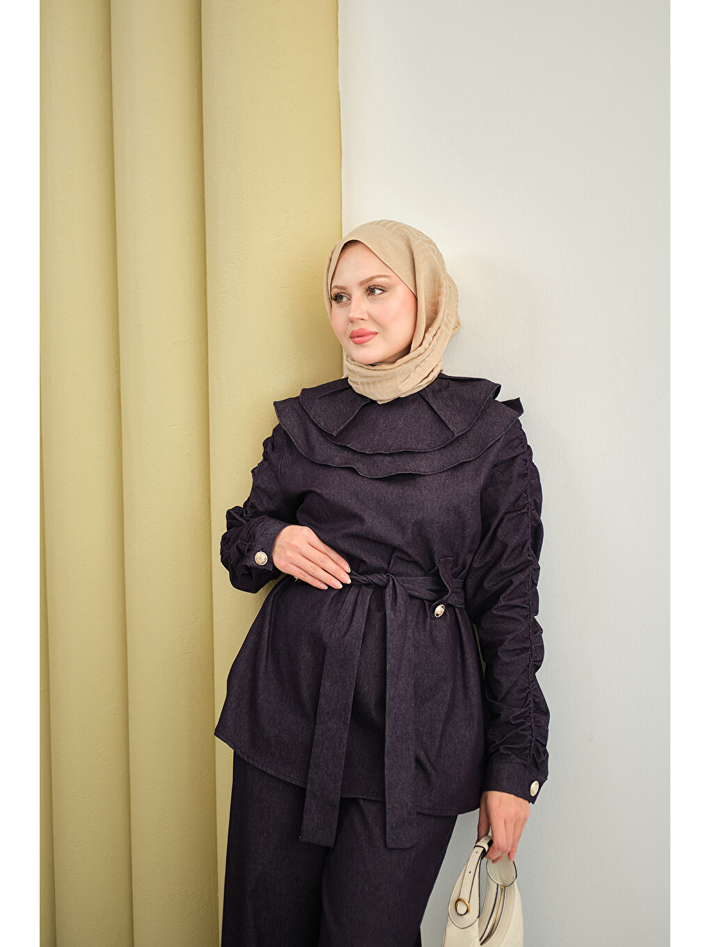 Kadın Kol Büzgülü Düğme Detay Bel Bağlamalı Takım Mor-2