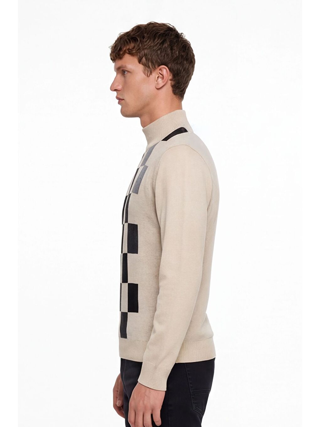 Erkek Bej Normal Kesim Regular Fit Yünlü Dokuma Desenli Triko Kazak-2