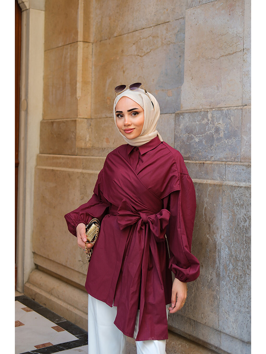 Kadın Omuz Bağlamalı Poplin Gömlek Bordo-2