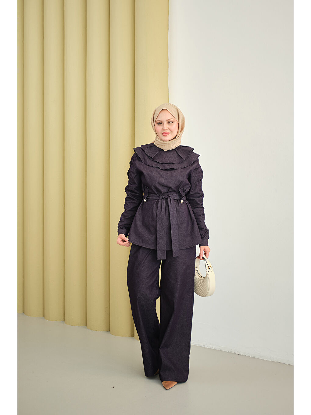 Kadın Kol Büzgülü Düğme Detay Bel Bağlamalı Takım Mor-3