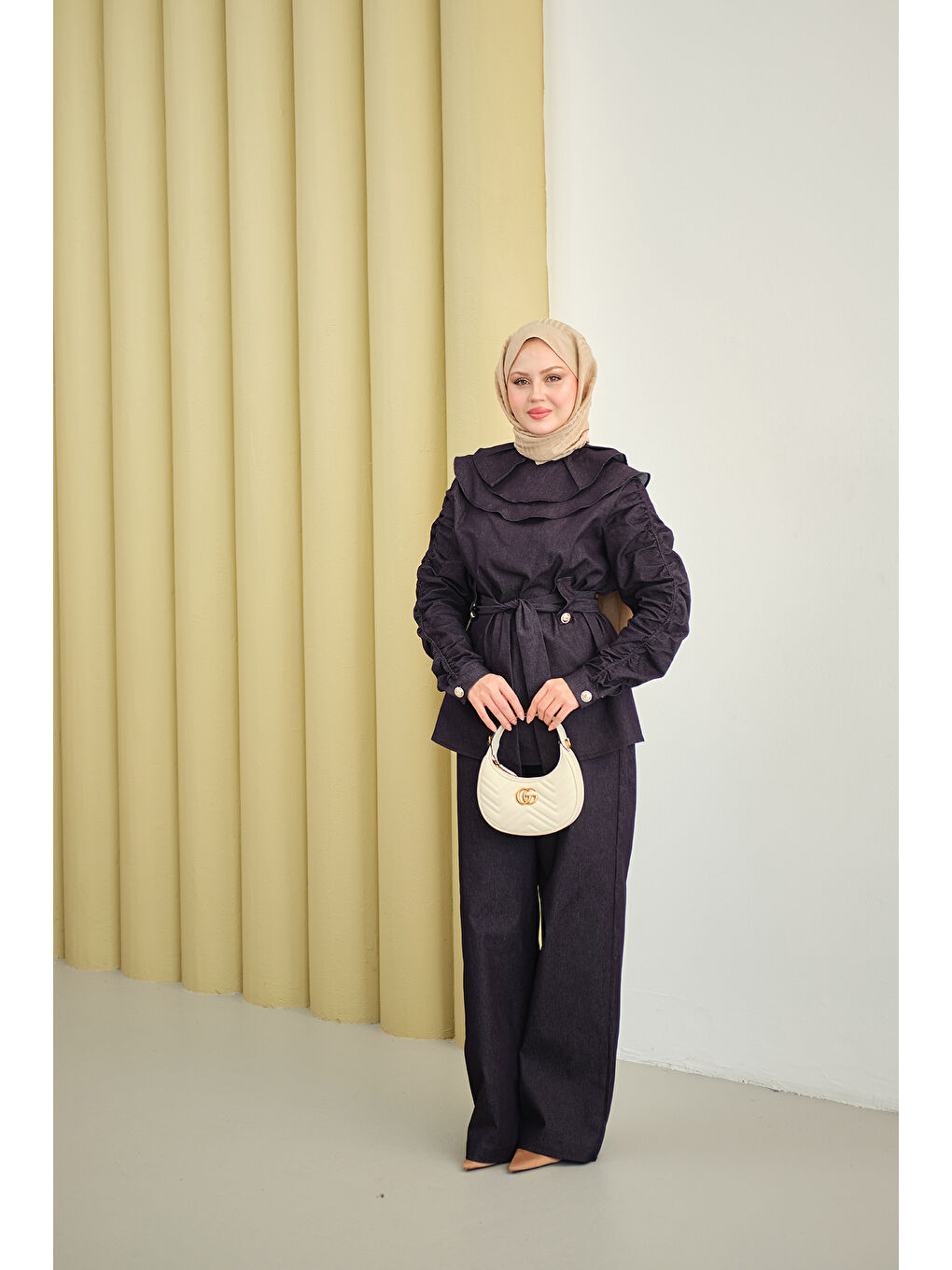 Kadın Kol Büzgülü Düğme Detay Bel Bağlamalı Takım Mor-4