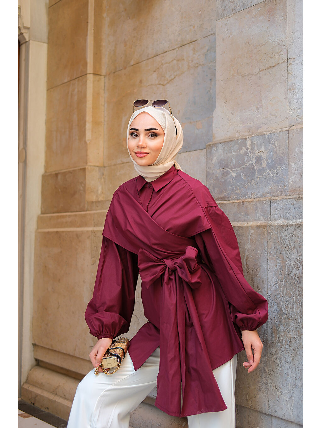 Kadın Omuz Bağlamalı Poplin Gömlek Bordo-3