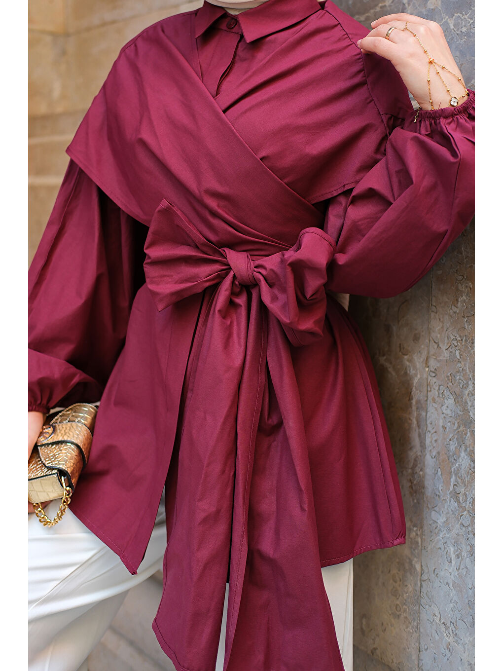 Kadın Omuz Bağlamalı Poplin Gömlek Bordo-4