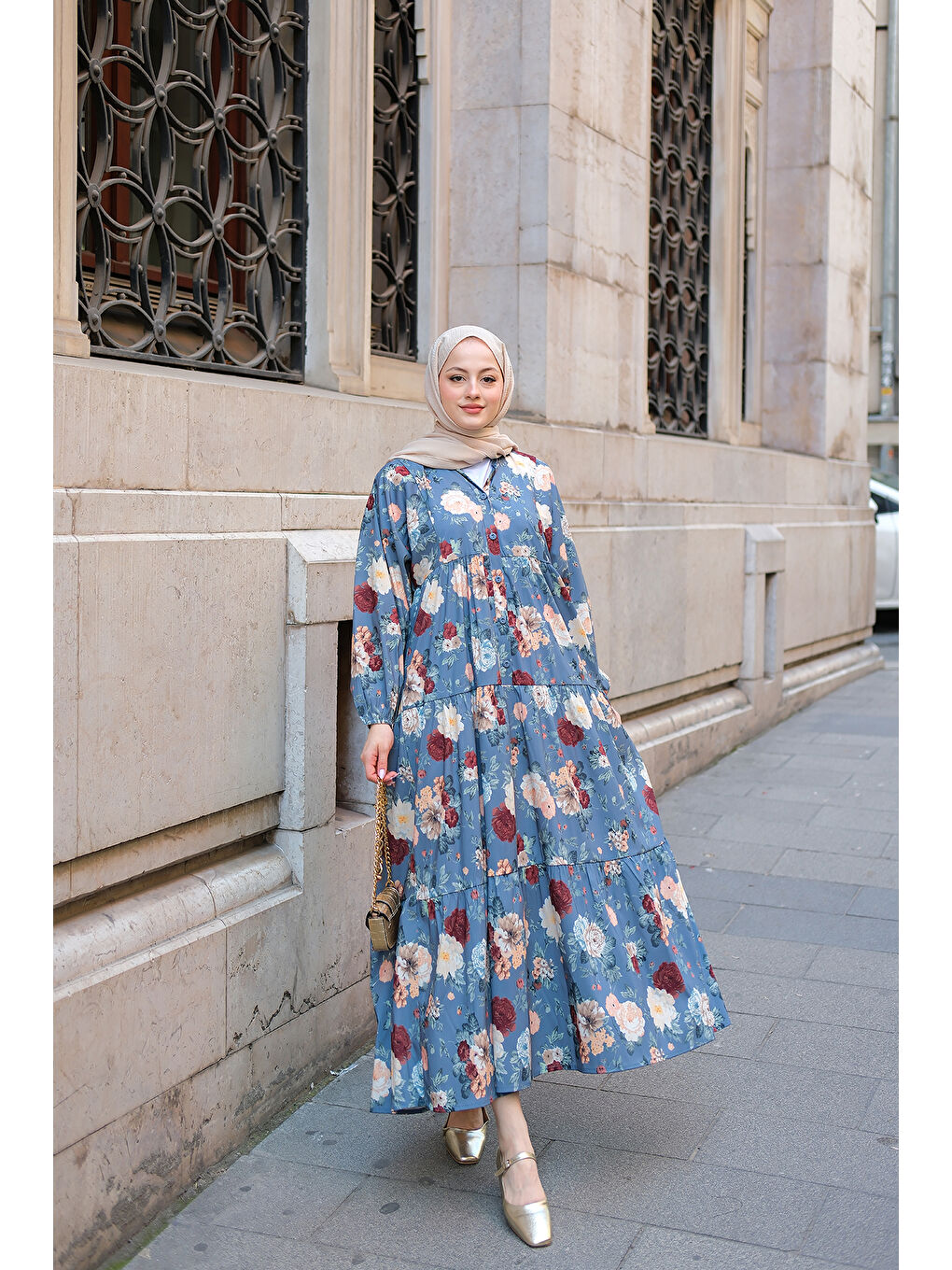 Kadın Rose Desenli Elbise Mavi