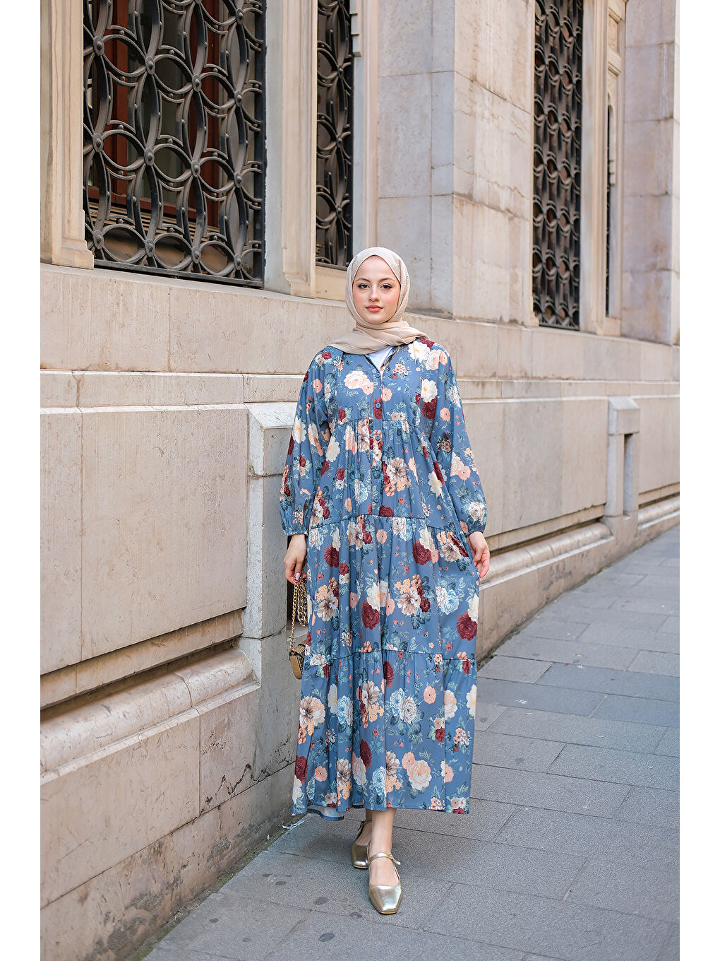 Kadın Rose Desenli Elbise Mavi-1