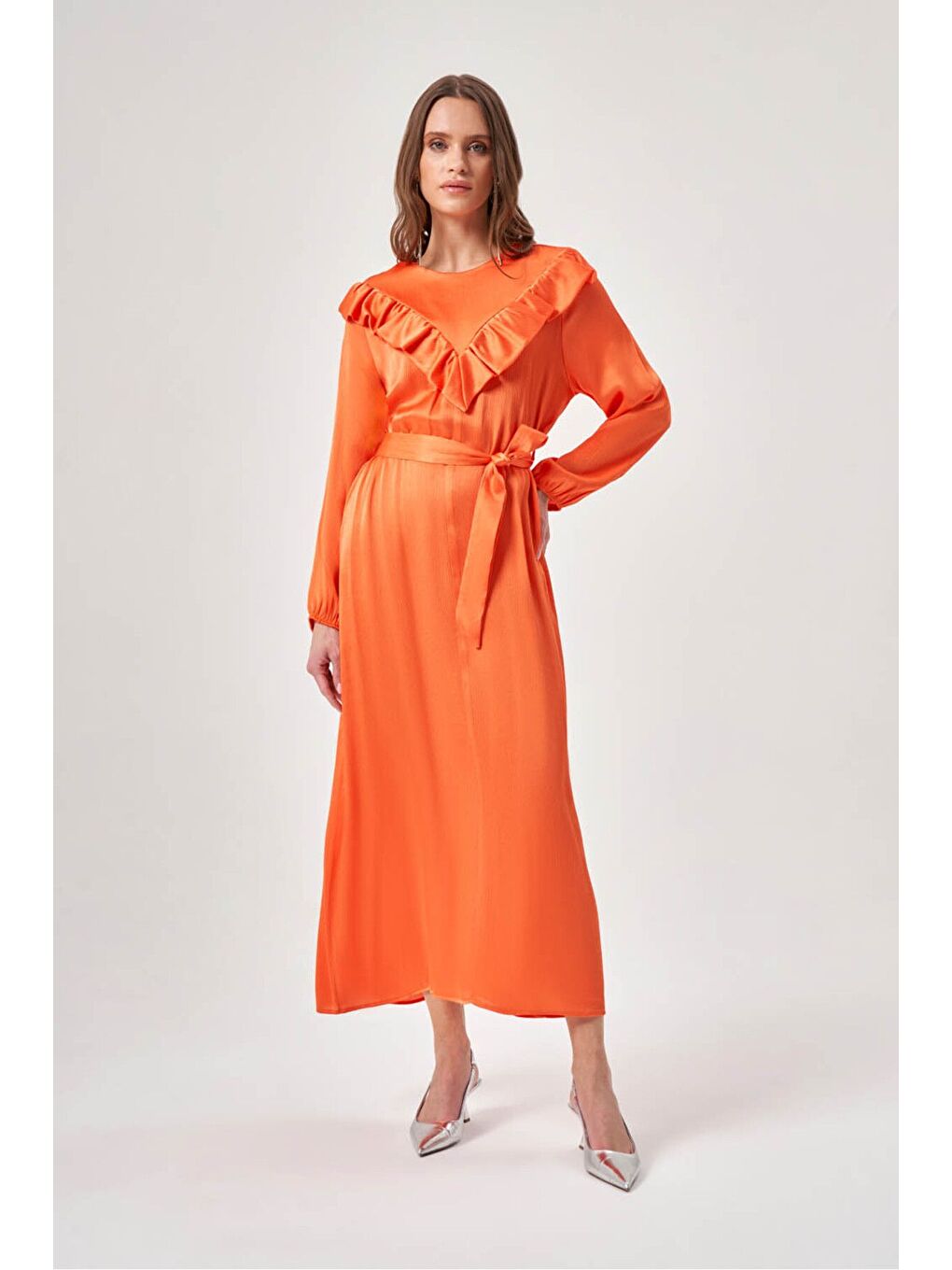 Karışık Önü Fırfırlı Uzun Turuncu Elbise-2