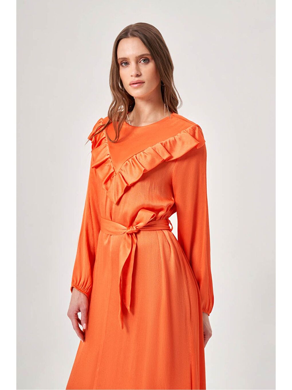 Karışık Önü Fırfırlı Uzun Turuncu Elbise-3