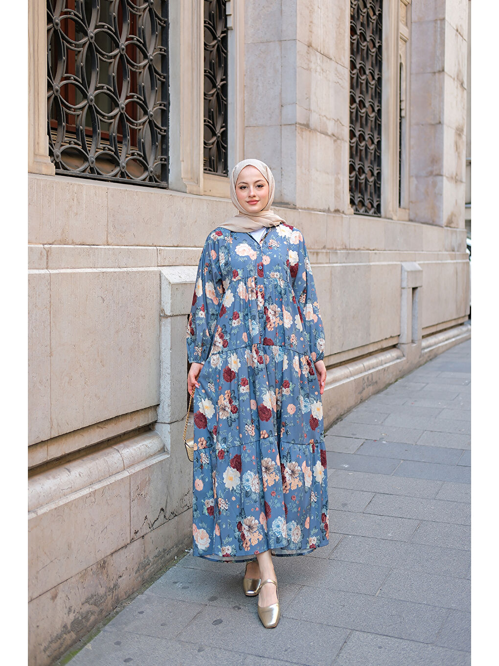 Kadın Rose Desenli Elbise Mavi-4