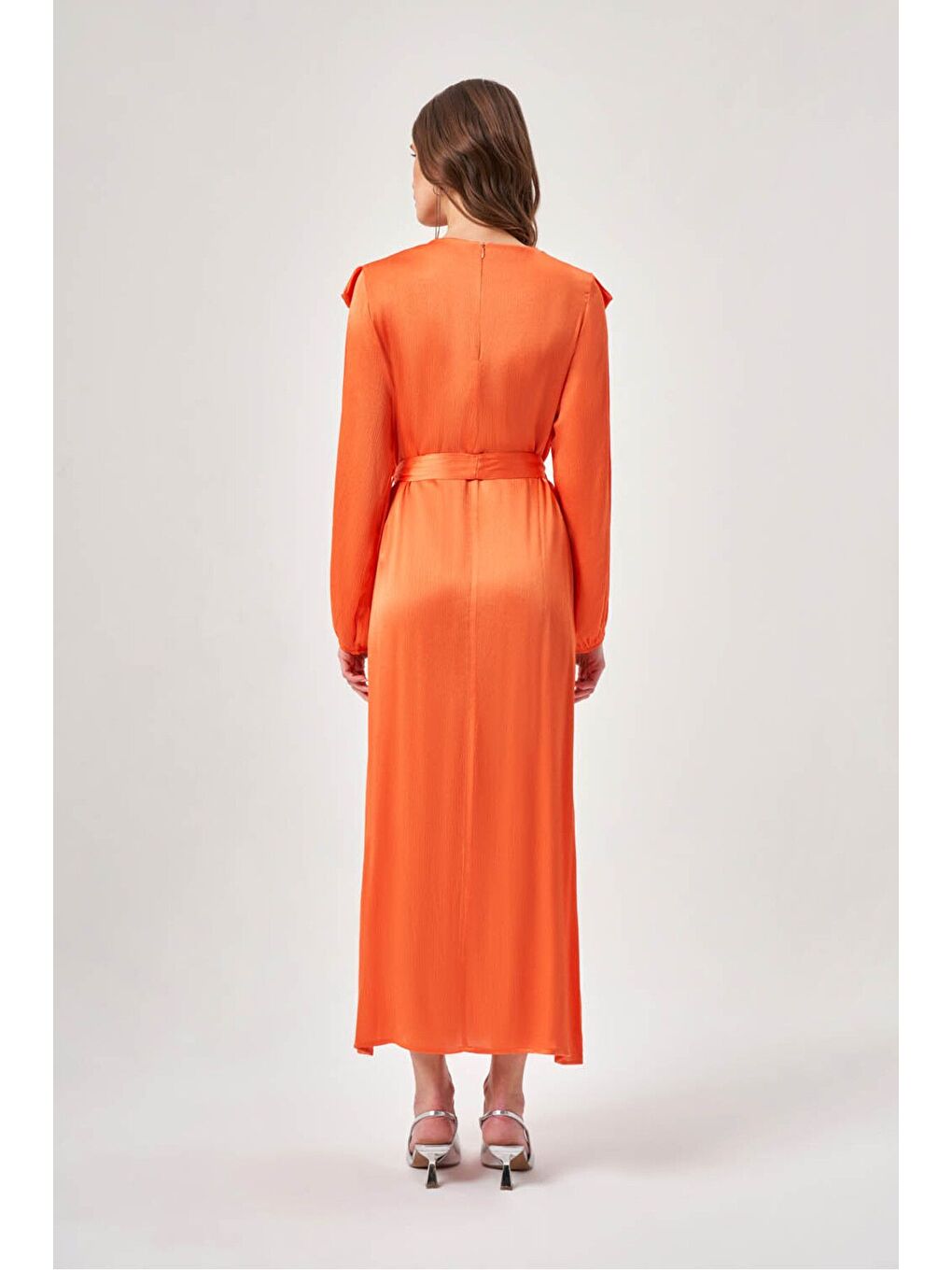 Karışık Önü Fırfırlı Uzun Turuncu Elbise-4