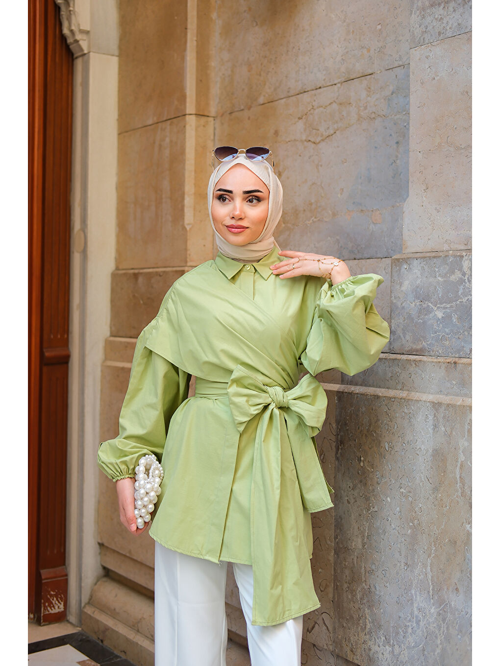 Kadın Omuz Bağlamalı Poplin Gömlek Yeşil-1