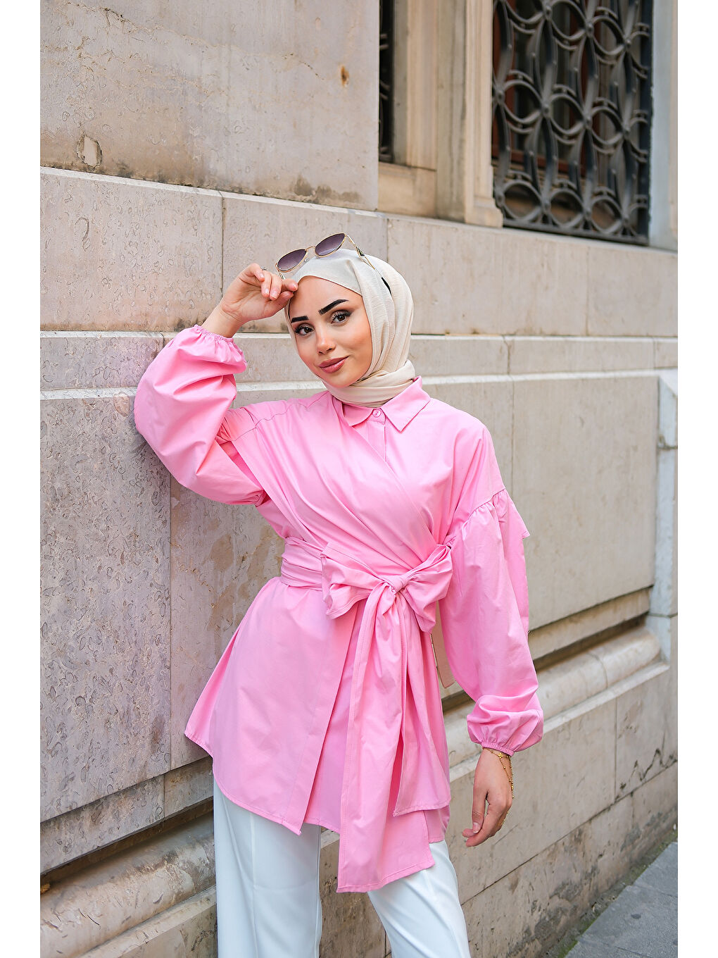 Kadın Omuz Bağlamalı Poplin Gömlek Pembe-1