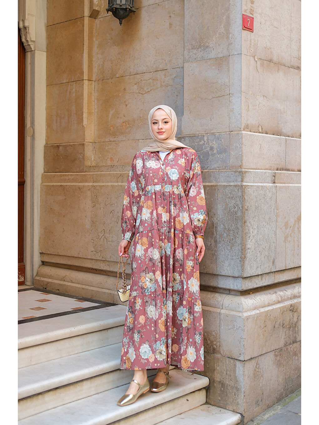 Kadın Rose Desenli Elbise Kahverengi-1